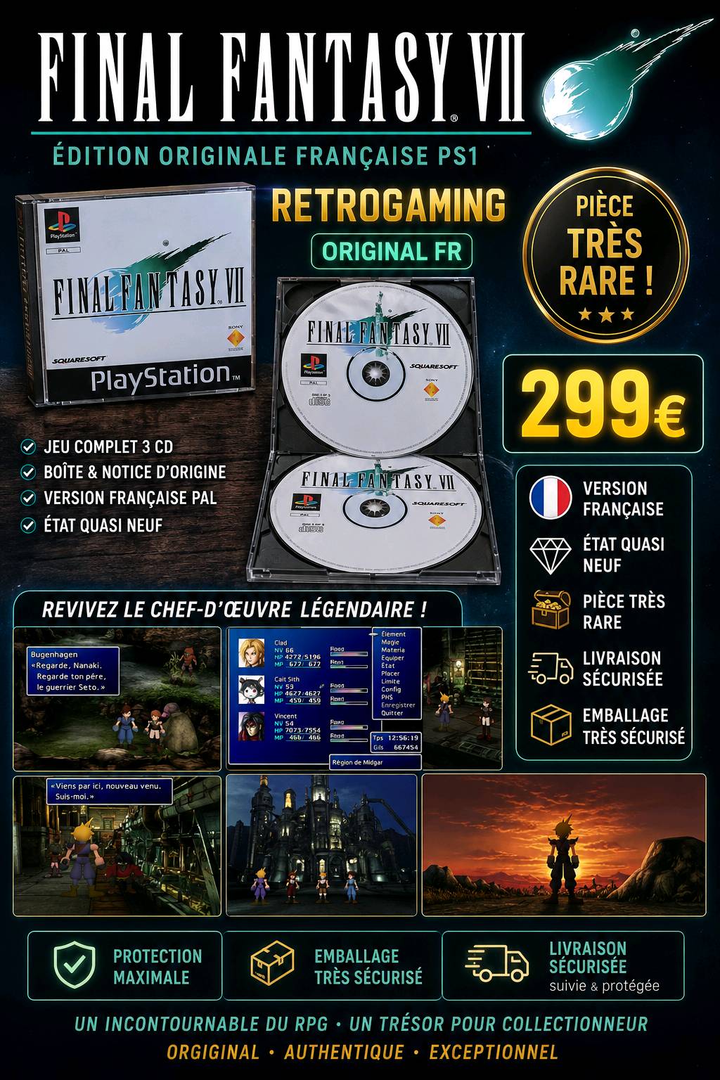 Final Fantasy VII PS1 PAL Édition française complète 3 CD