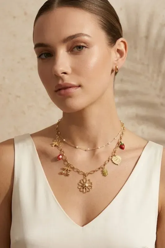 Collier charms fruits et fleur - acier inoxydable
