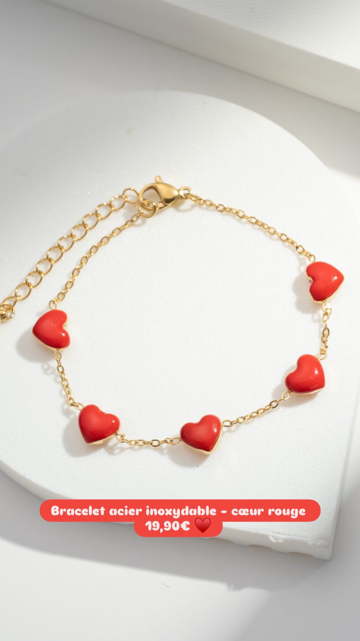 Bracelet acier inoxydable - coeurs rouges émaillés