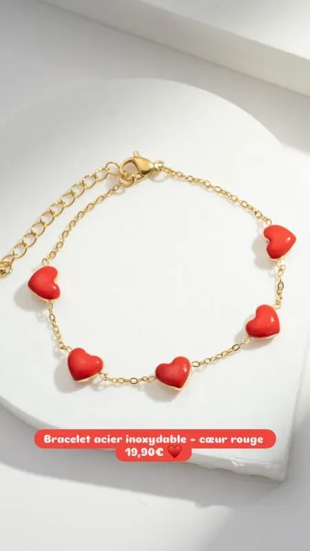 Bracelet acier inoxydable - coeurs rouges émaillés