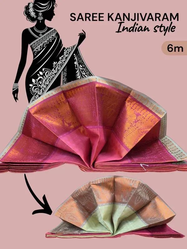 Saree Kanjivaram rose fuchsia bord doré 6 m