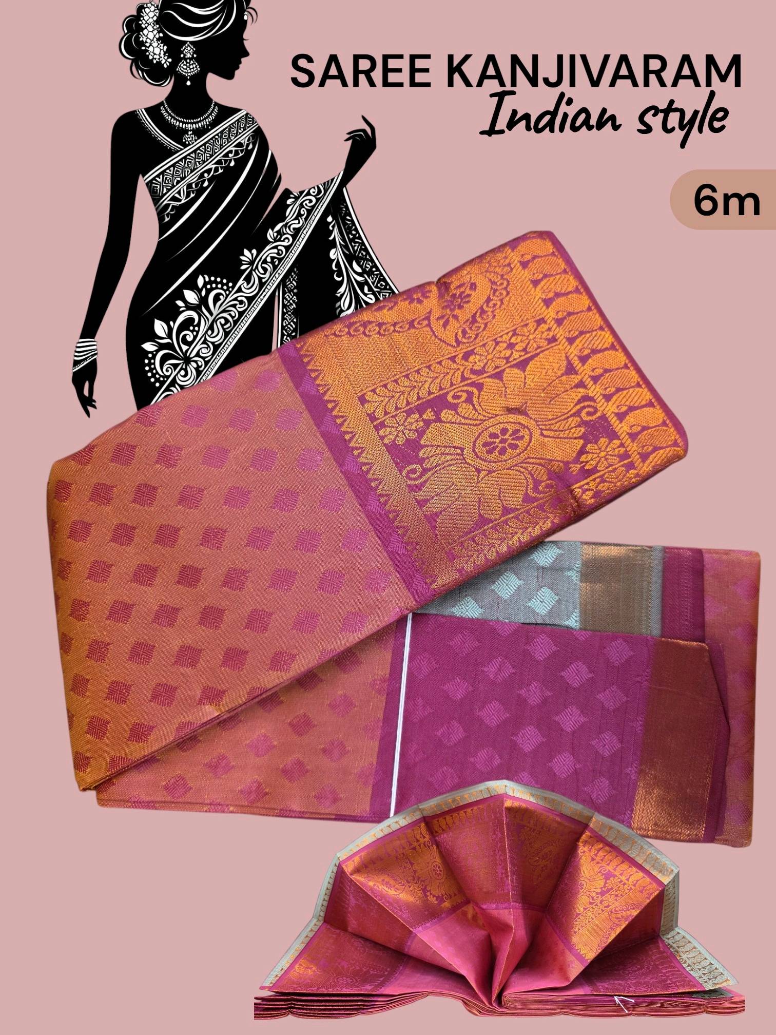 Saree Kanjivaram rose fuchsia bord doré 6 m — visuel 2