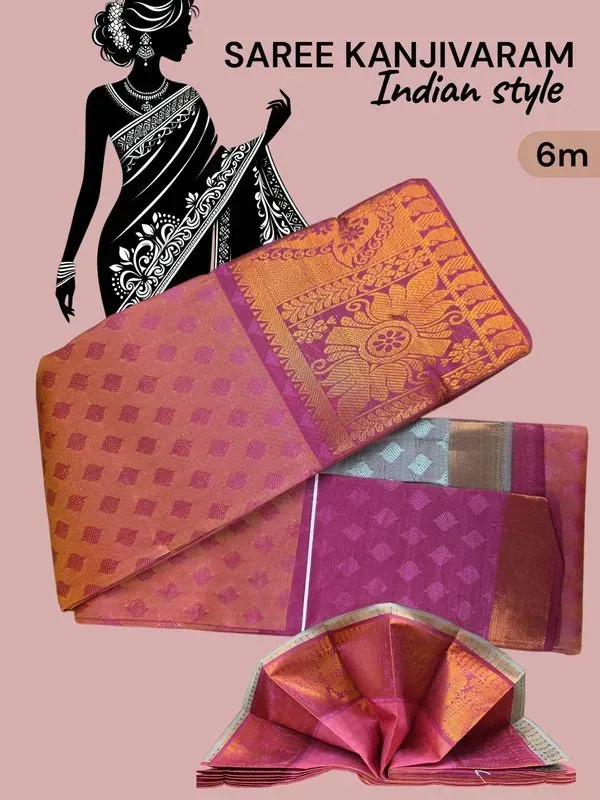Saree Kanjivaram rose fuchsia bord doré 6 m — visuel 2