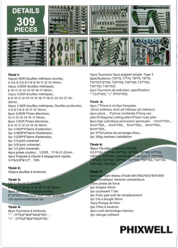 Servante Verte 7 tiroirs pleins d'outillages PHIXWELL — visuel 2