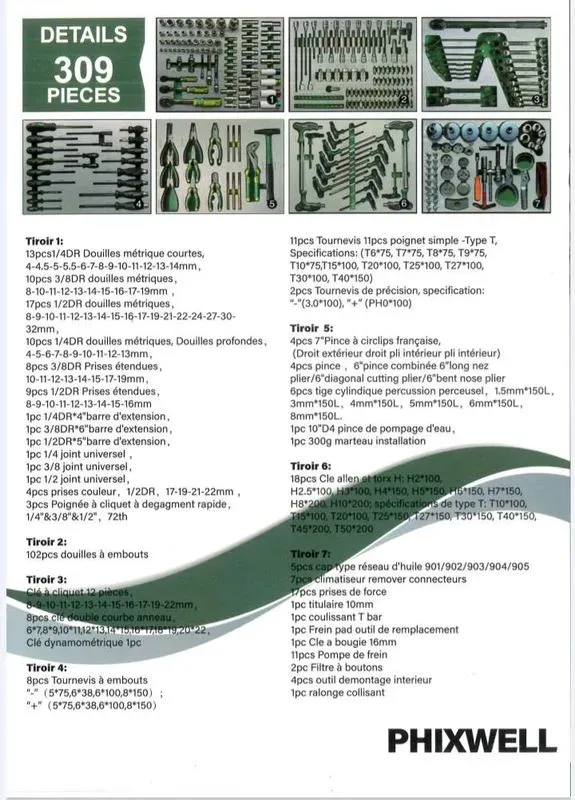 Servante Verte 7 tiroirs pleins d'outillages PHIXWELL — visuel 2