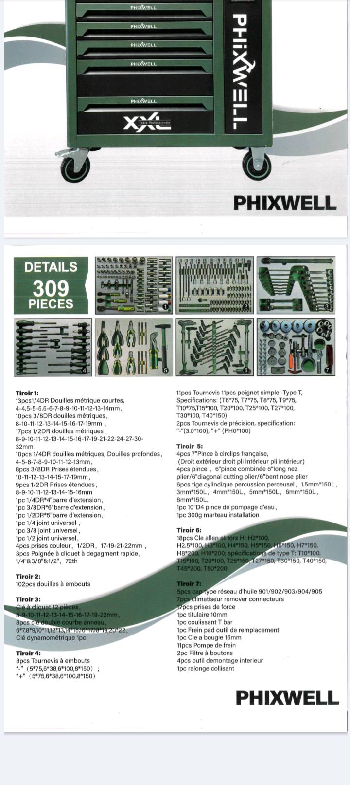 Servante Verte 7 tiroirs pleins d'outillages PHIXWELL — visuel 3