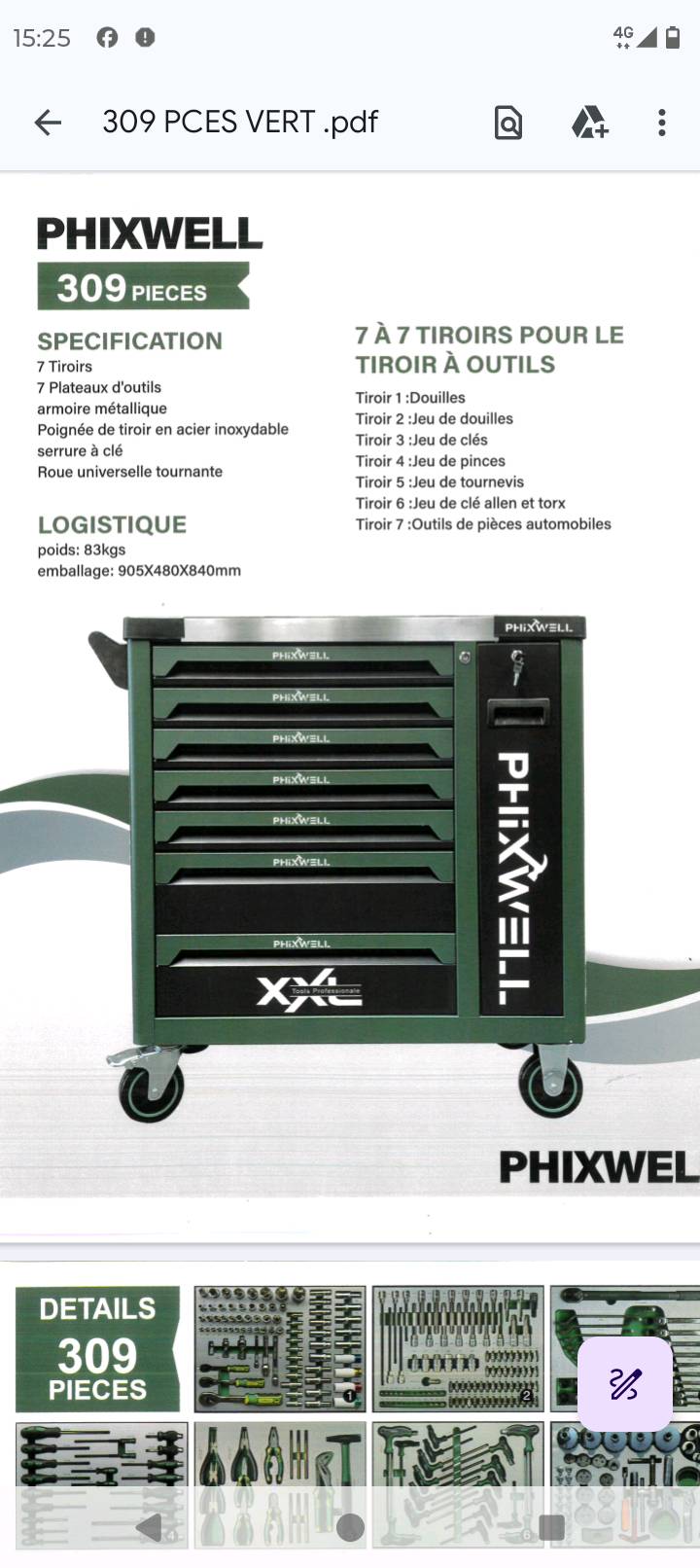Servante Verte 7 tiroirs pleins d'outillages PHIXWELL