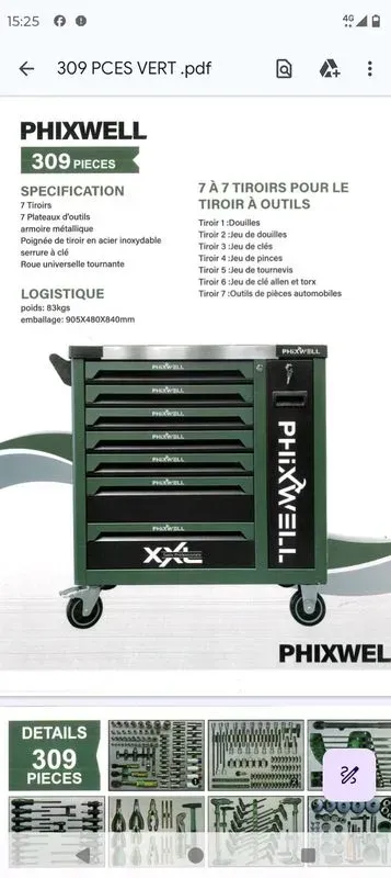 Servante Verte 7 tiroirs pleins d'outillages PHIXWELL