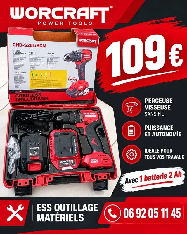 coffret perceuse professionnel worcraft comprenant 1 batterie 2 ah