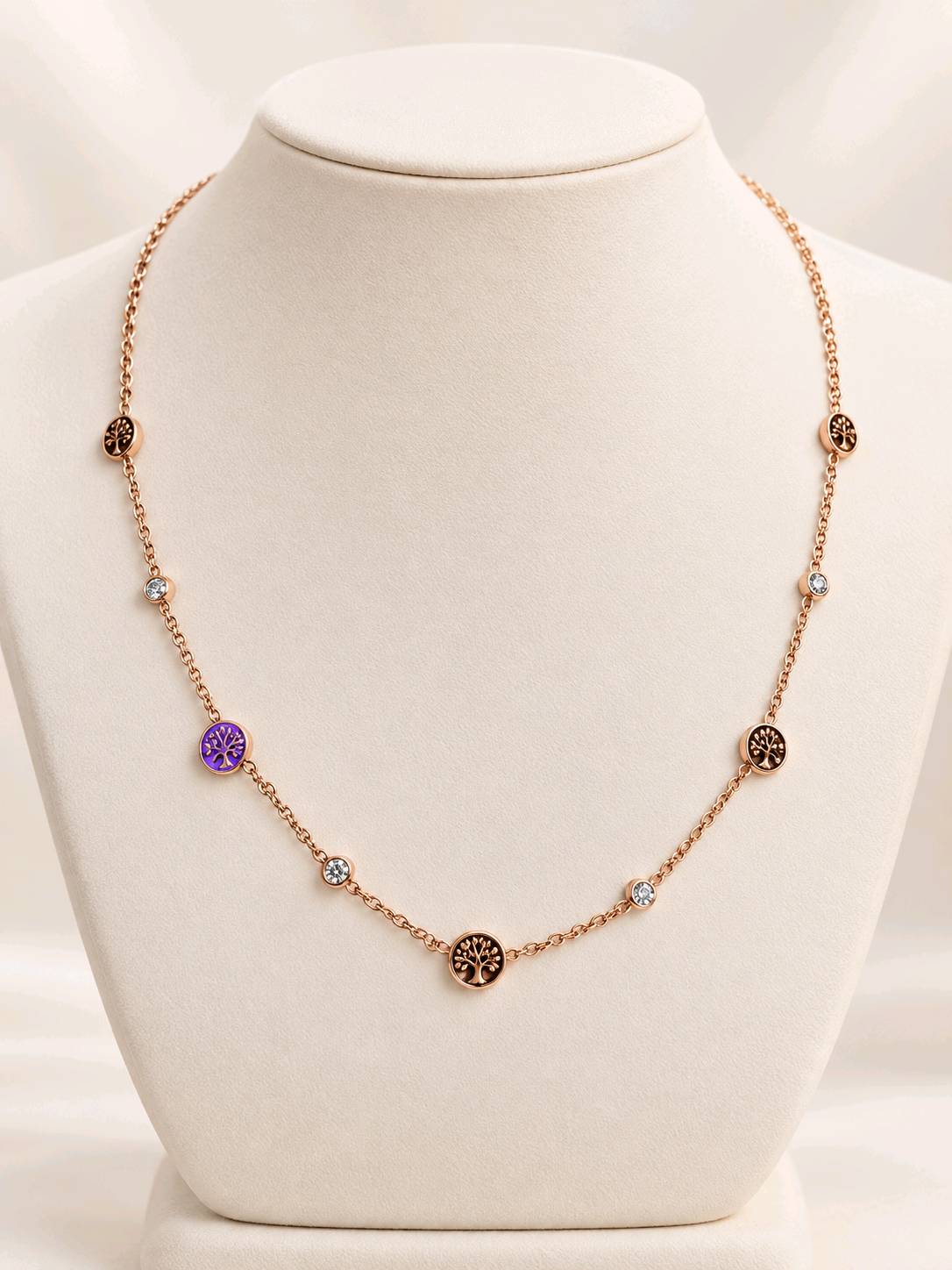 Collier chaîne acier inoxydable dorée rosé arbre de vie avec cristaux et améthyste