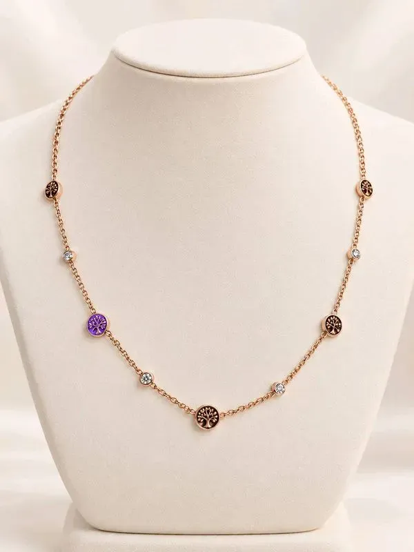 Collier chaîne acier inoxydable dorée rosé arbre de vie avec cristaux et améthyste