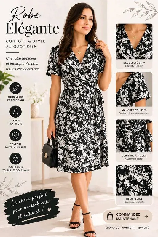 Robe portefeuille fleurie noire - Coupe élégante et confortable pour tous les jours