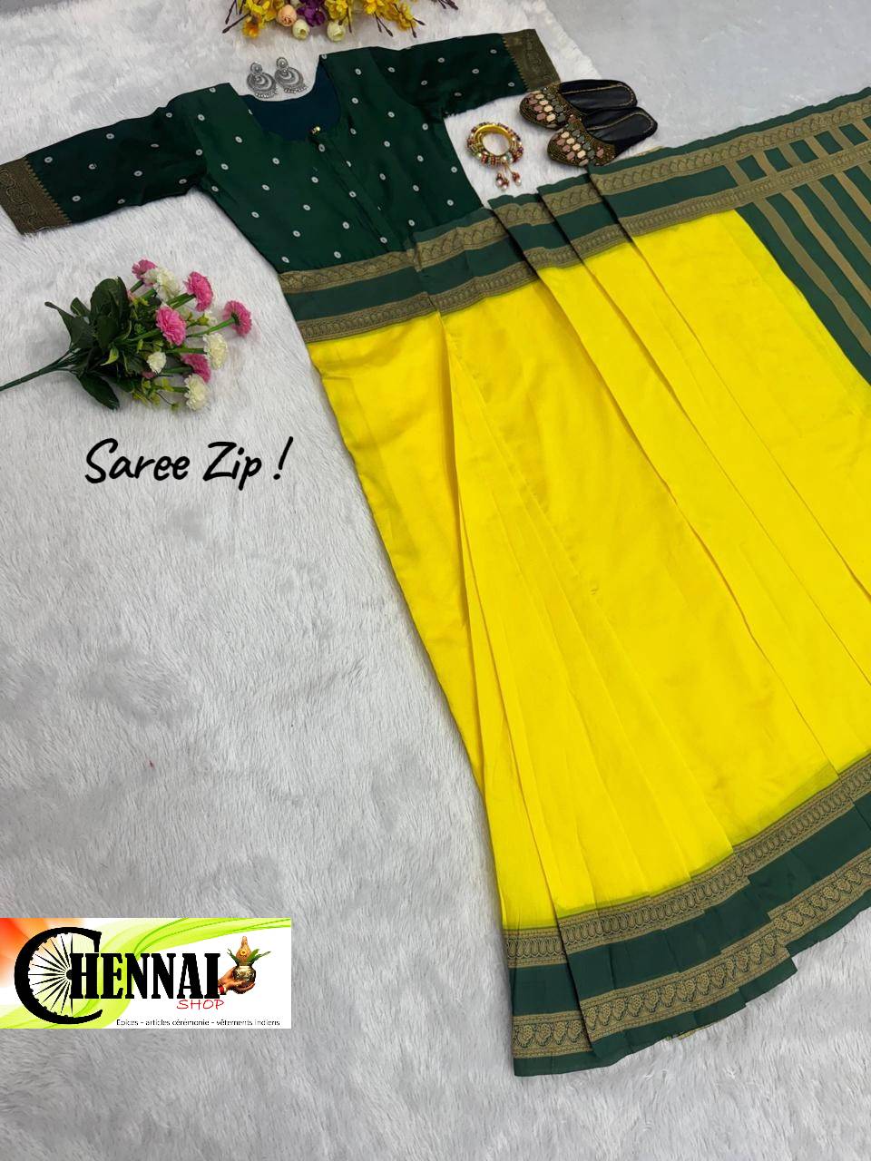 OFFRE SPÉCIALE Saree zip prêt à porter jaune vif et blouse verte bordure dorée