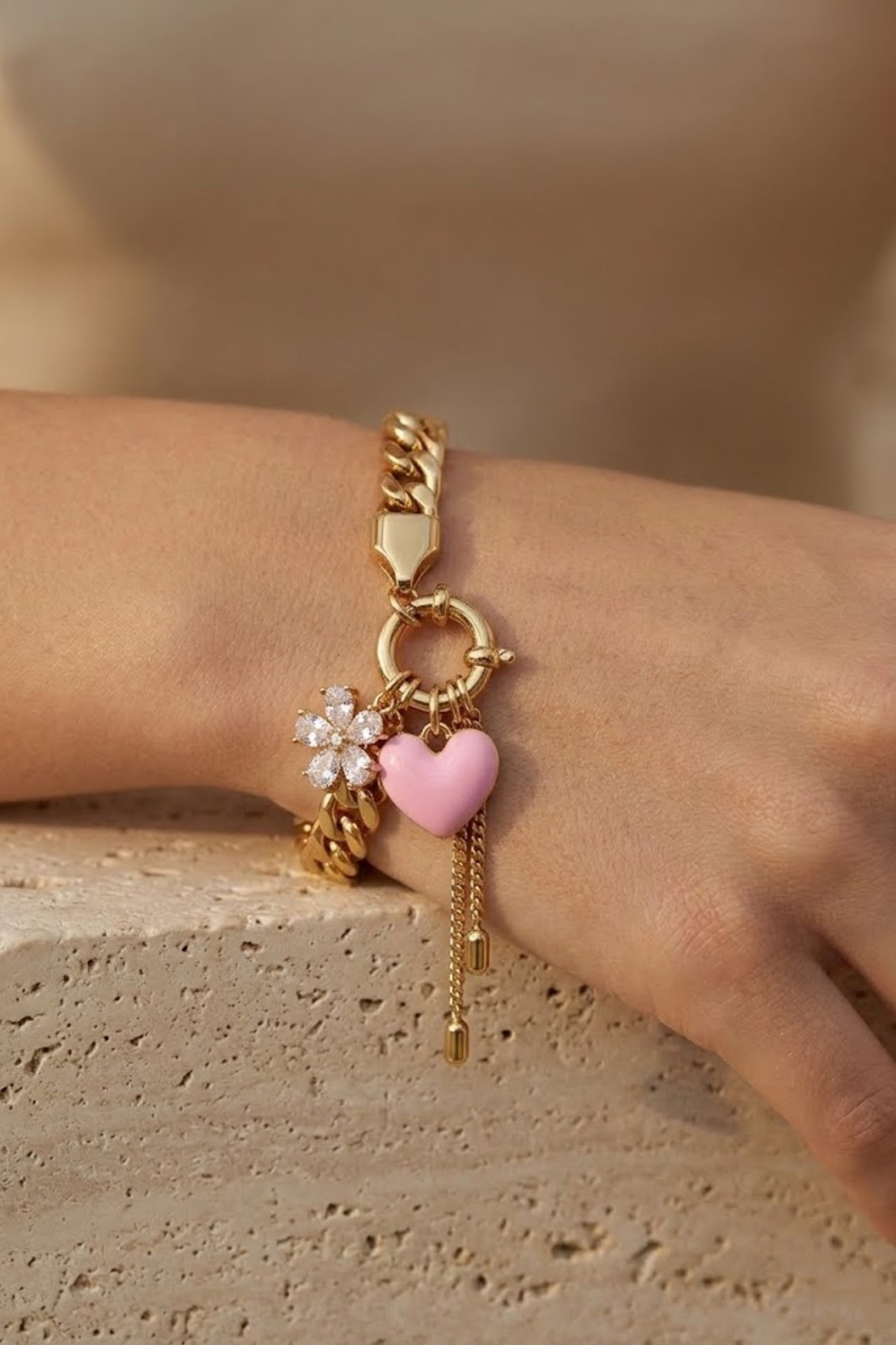 Bracelet gourmette doré coeur rose et fleur strass - acier inoxydable 