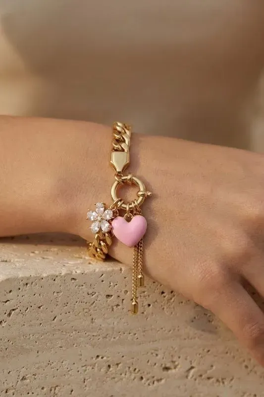 Bracelet gourmette doré coeur rose et fleur strass - acier inoxydable
