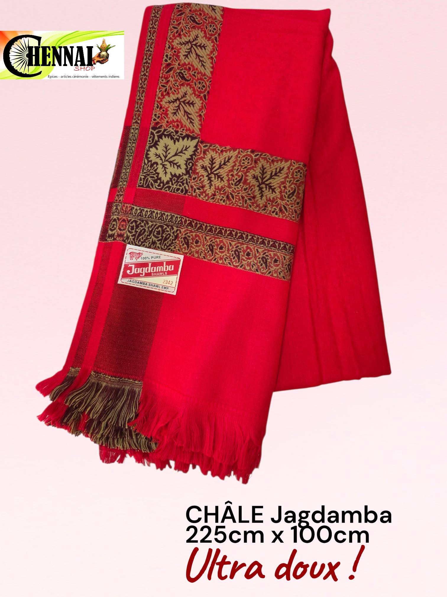 Châle Jagdamba rouge 225 x 100 cm - bordure dorée ultra doux — visuel 2