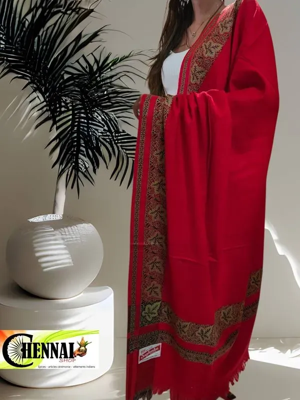 Châle Jagdamba rouge 225 x 100 cm - bordure dorée ultra doux