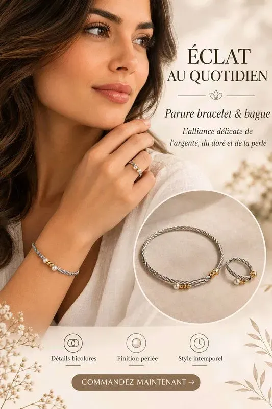 Parure Bracelet & Bague Acier inoxydable Doré Perle - Élégance Quotidienne