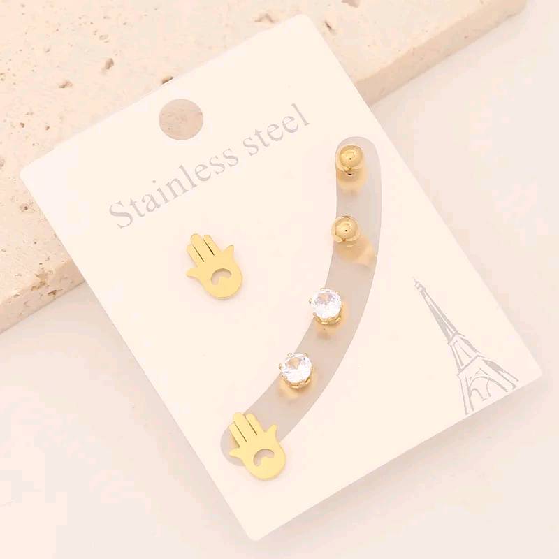 Ensemble de 3 clous boucles d'oreilles acier inoxydable doré Hamsa et cristaux