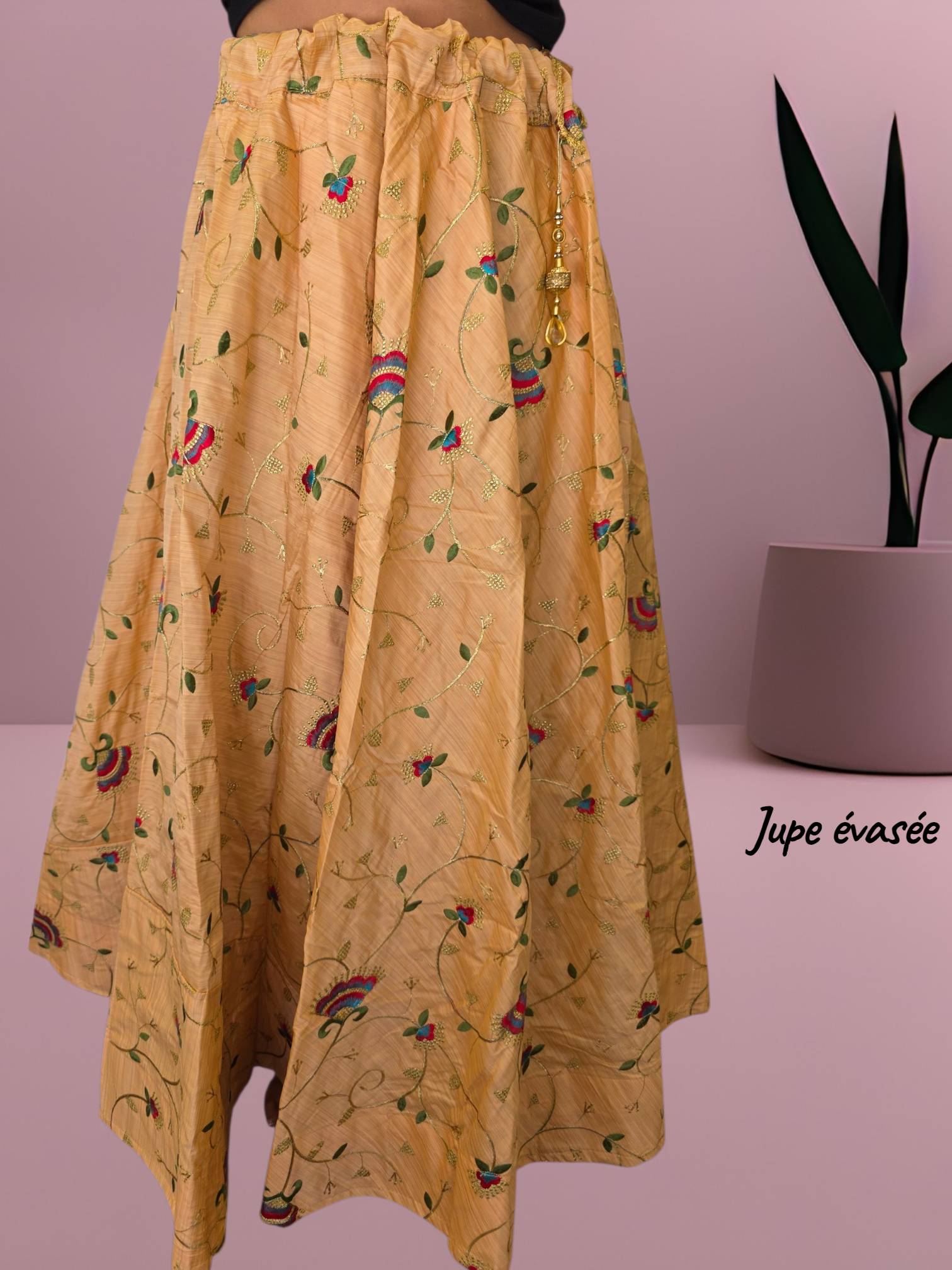 Jupe longue bohème brodée fleurs dorées TAILLE UNIQUE à ajuster de S à XL