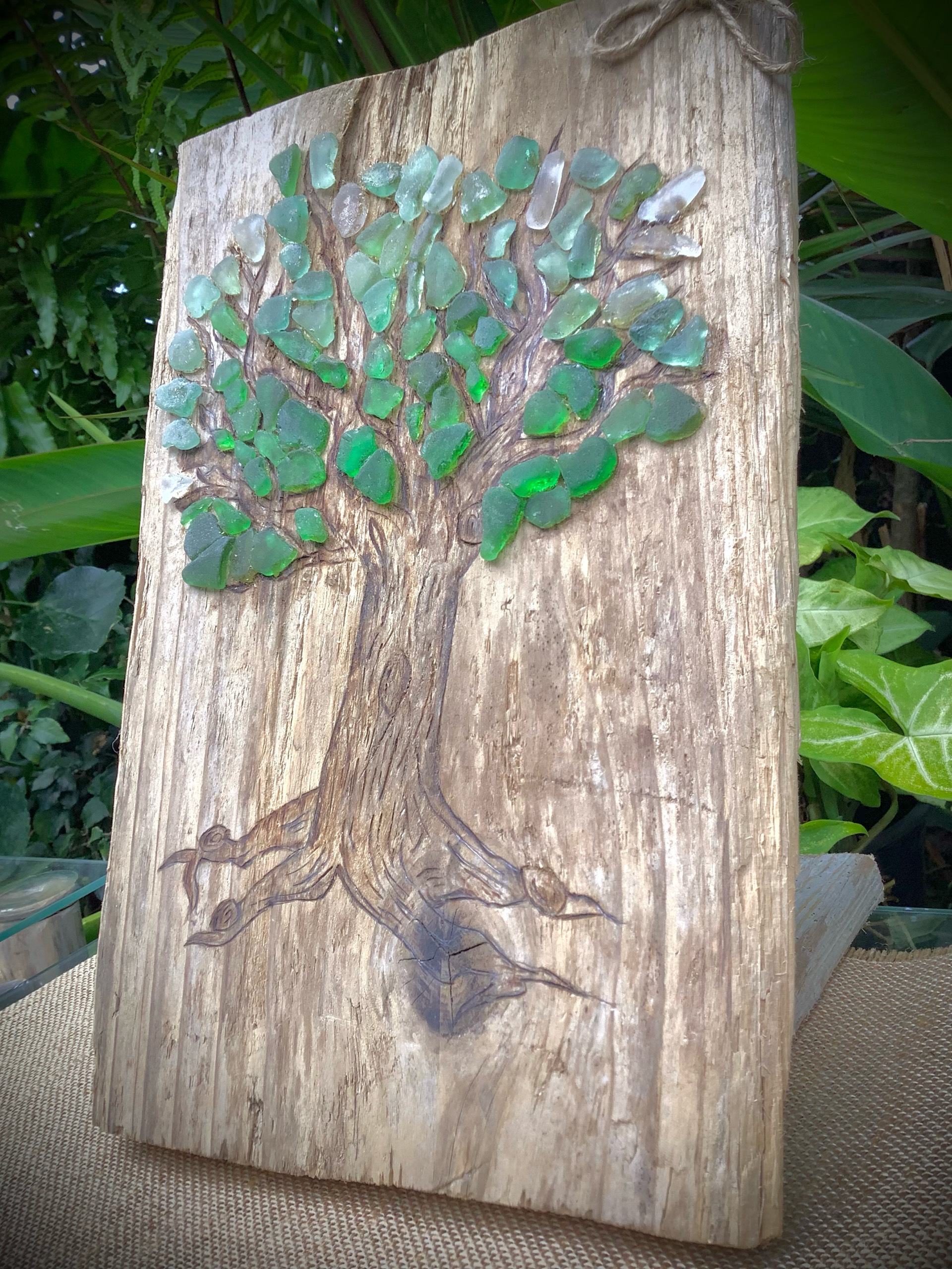 tableau en bois flotté pyrogravée et verre de mer — visuel 7