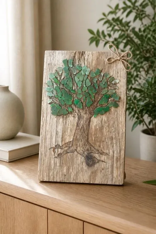 tableau en bois flotté pyrogravée et verre de mer