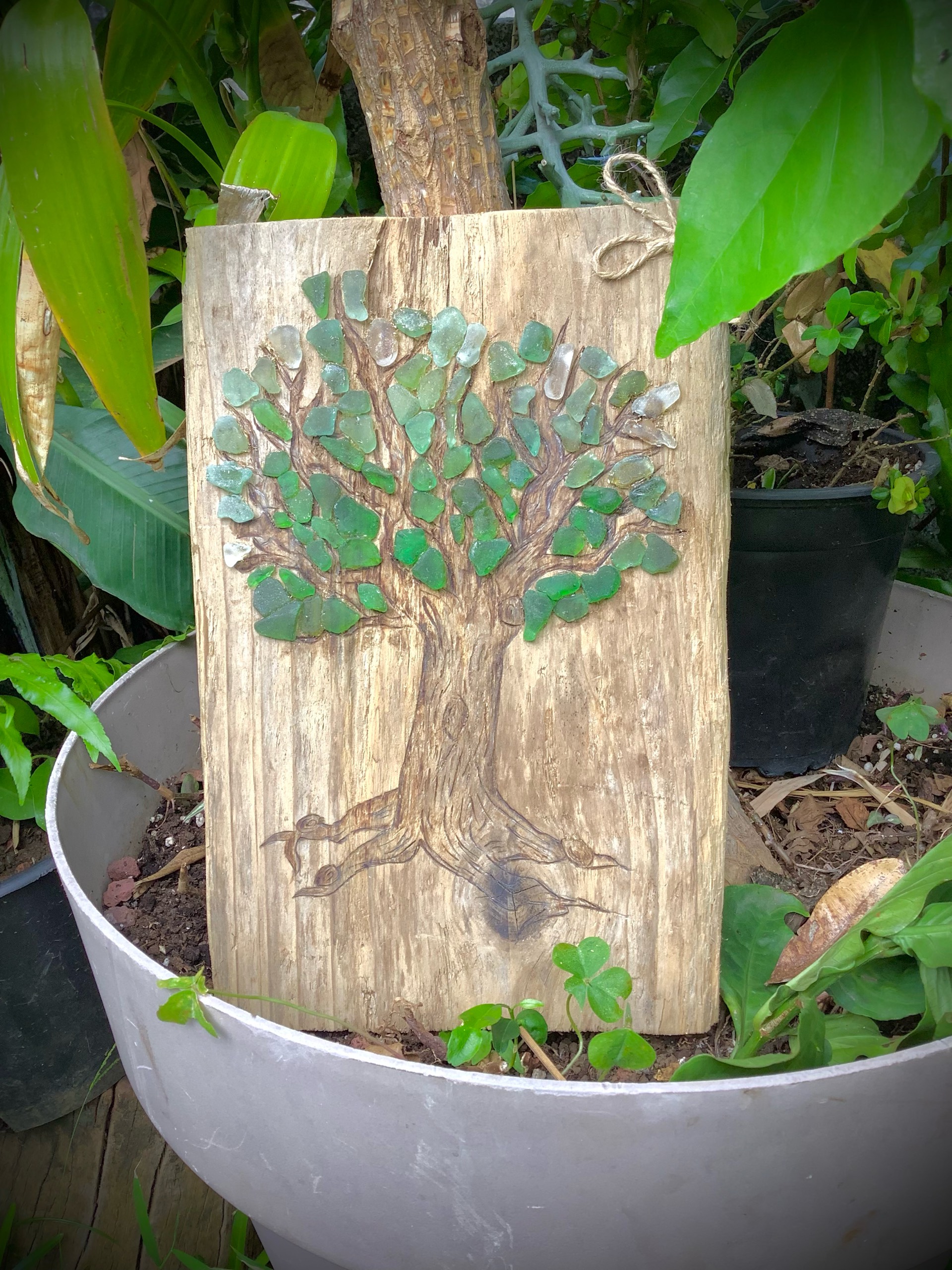 tableau en bois flotté pyrogravée et verre de mer — visuel 3
