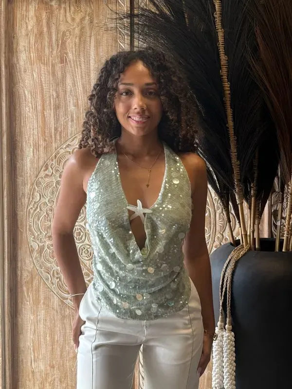 Top dos nu sequins avec étoile de mer – esprit chic & tropical