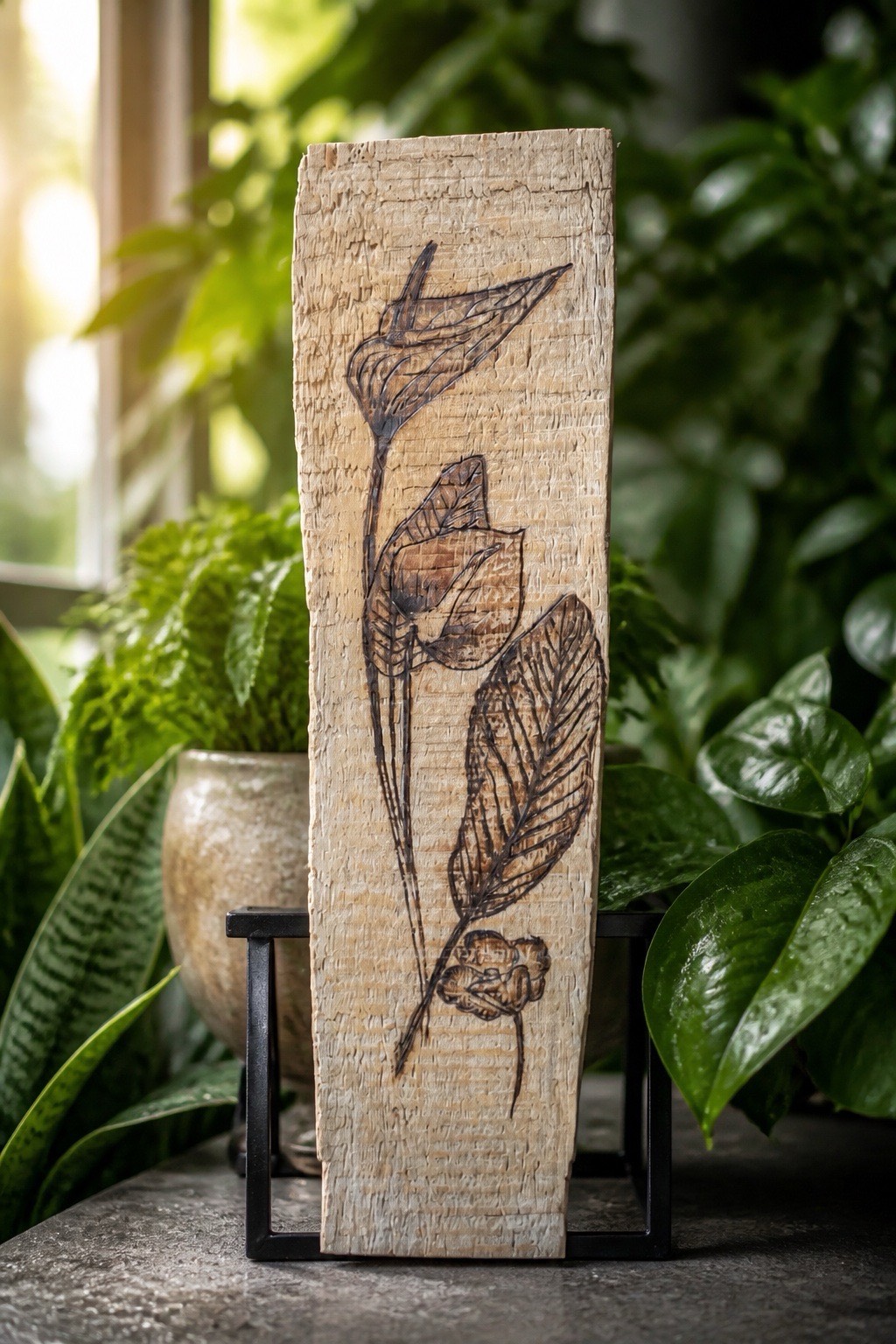fleur tropicale gravé sur bois flotté brut — visuel 7