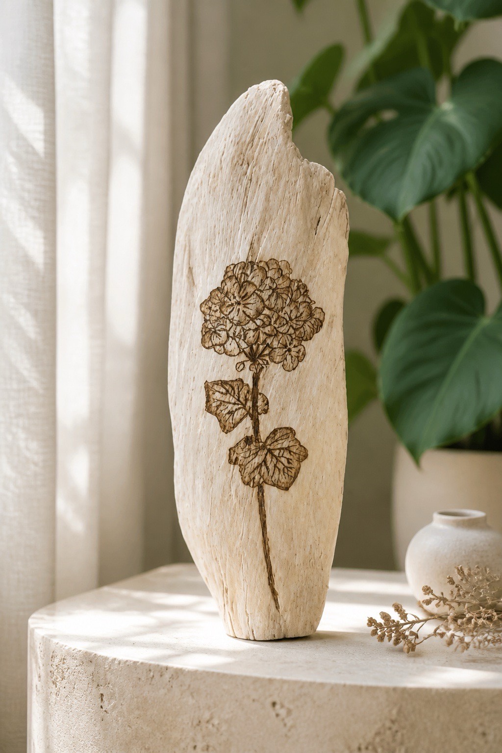 fleur tropicale gravé sur bois flotté brut — visuel 5