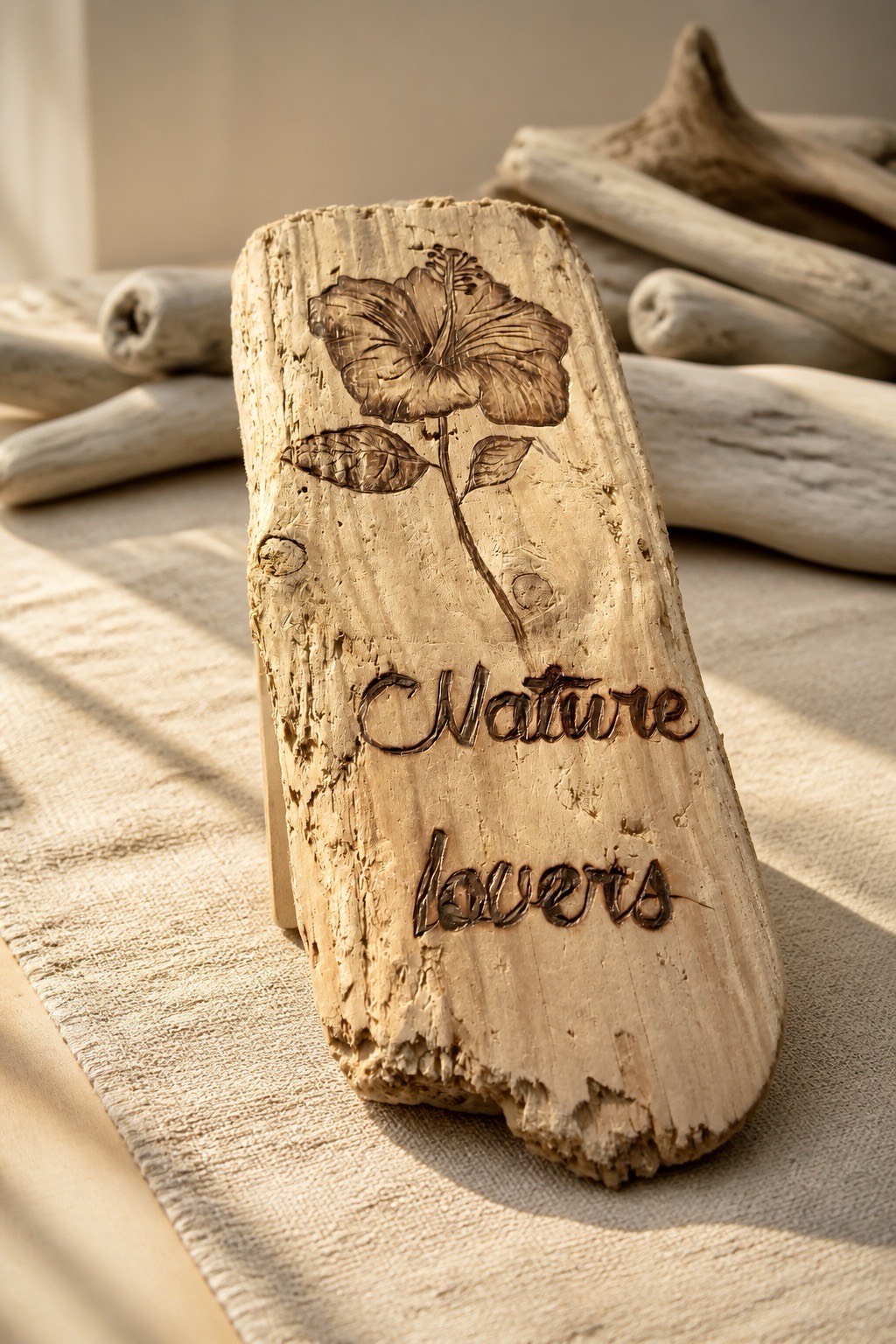fleur tropicale gravé sur bois flotté brut — visuel 4