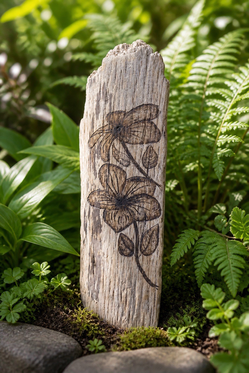 fleur tropicale gravé sur bois flotté brut — visuel 6