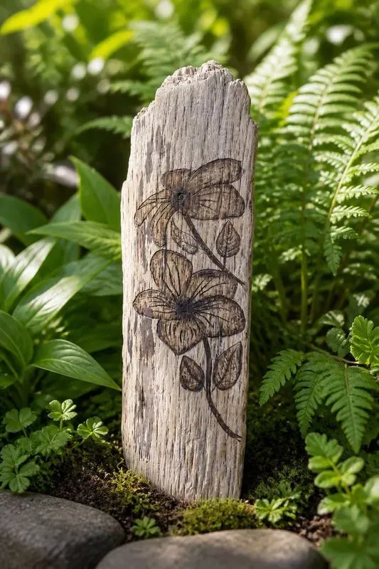fleur tropicale gravé sur bois flotté brut  — visuel 6