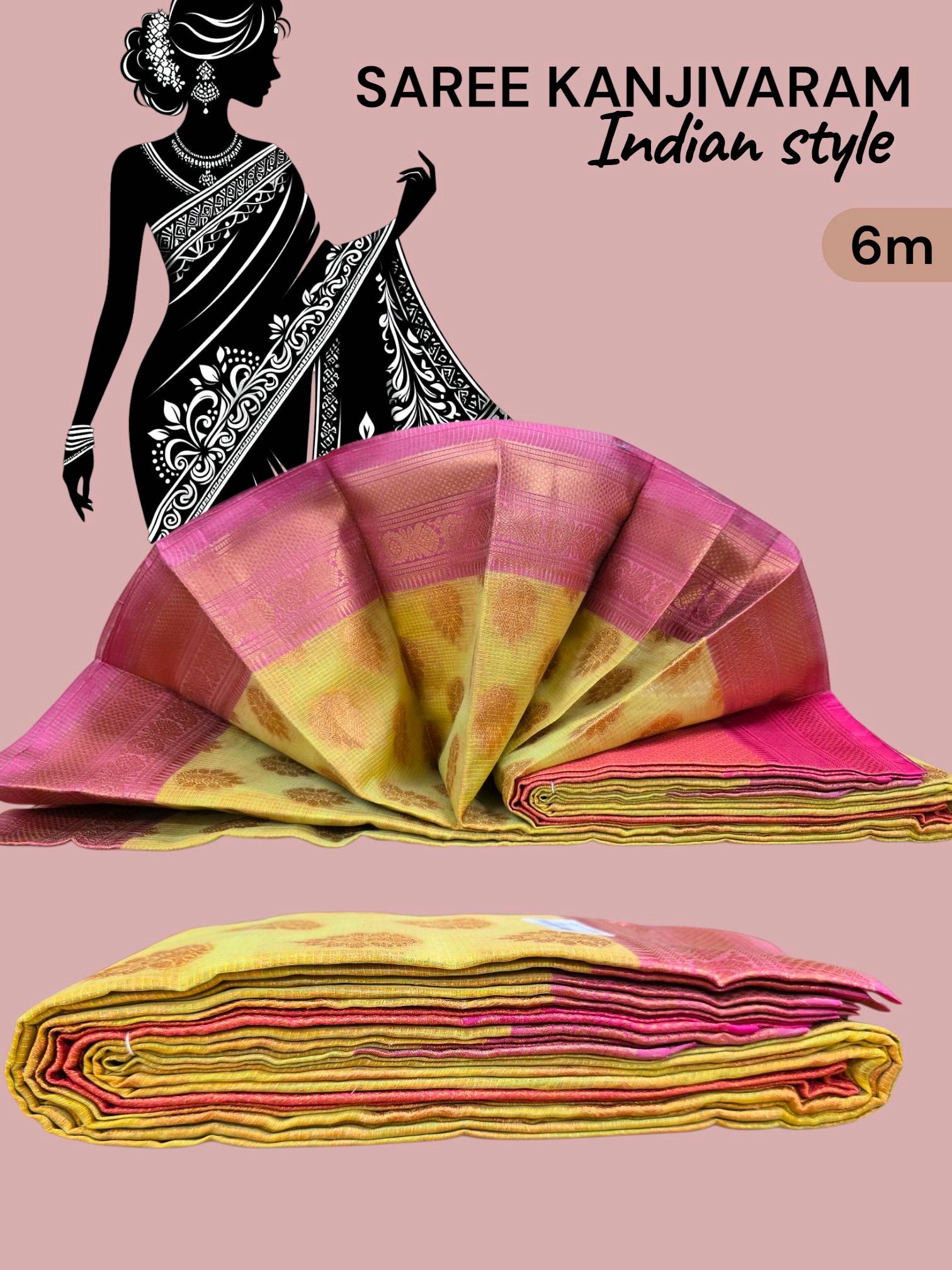 Saree Kanjivaram  6m rose et vert
