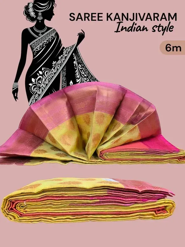 Saree Kanjivaram 6m rose et vert