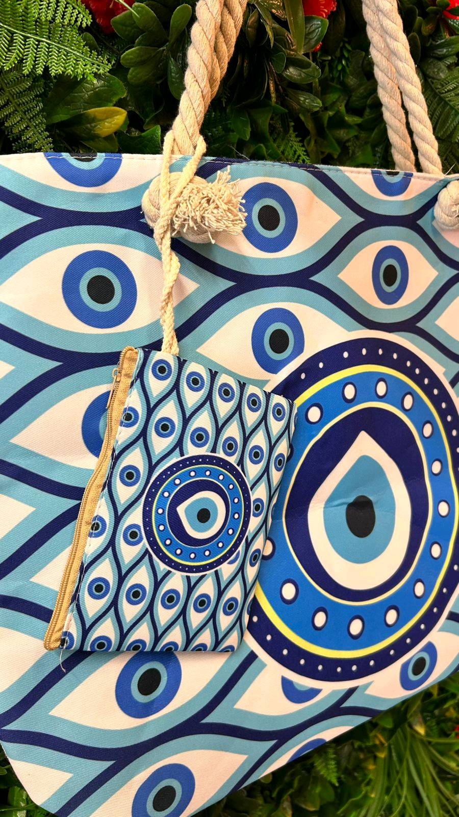Grand sac cabas Oeil bleu 53x40 cm anses corde avec pochette — visuel 2