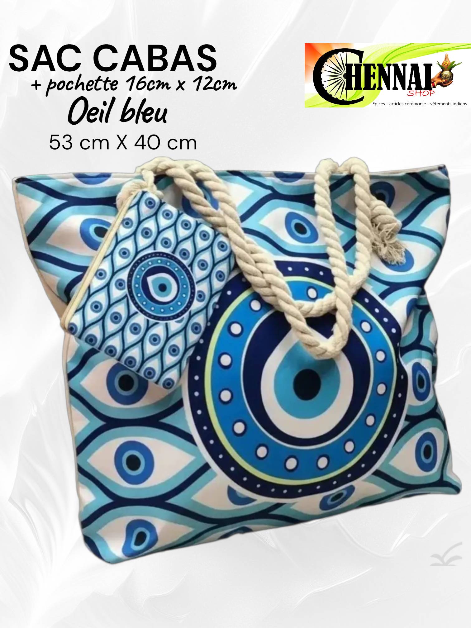 Grand sac cabas Oeil bleu 53x40 cm anses corde avec pochette