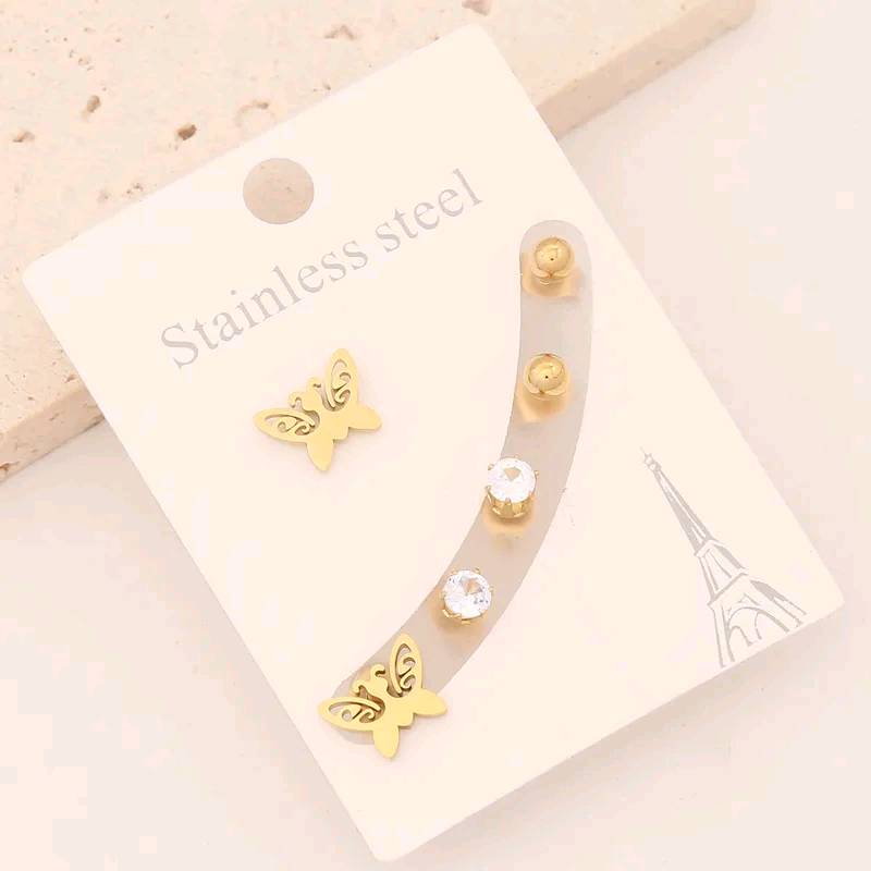 Ensemble 3 clous d'oreilles papillon, doré, en acier inoxydable