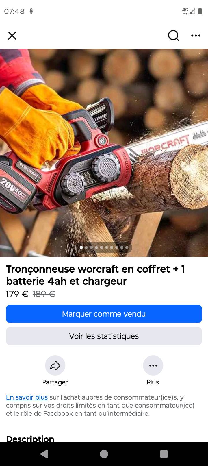 Tronçonneuse worcraft en coffret + 1 batterie 4ah et chargeur — visuel 1