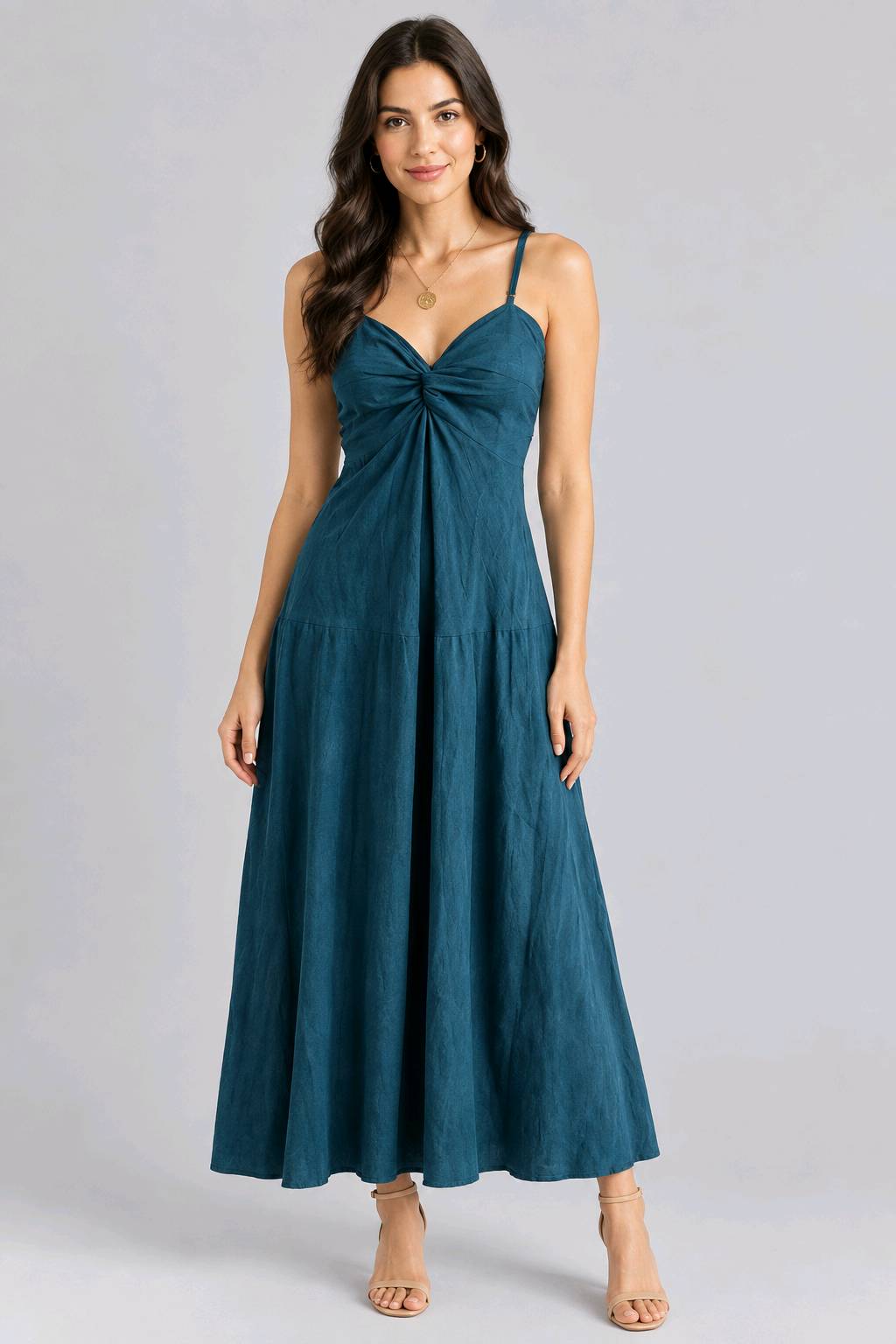 Robe longue en lin bleu canard col cache-cœur