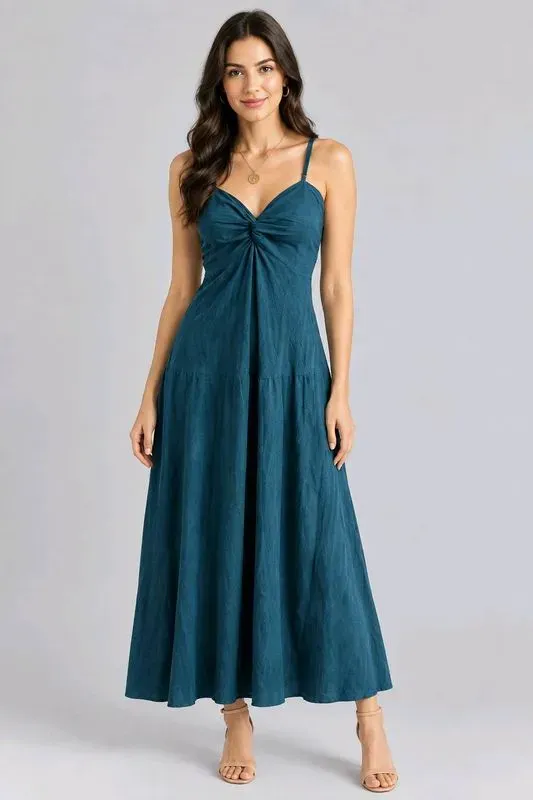 Robe longue en lin bleu canard col cache-cœur