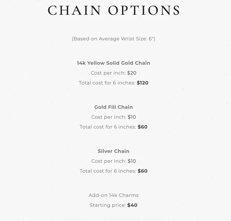 Price comparison chart for permanent jewelry in 14k gold, gold-filled, and sterling silver.