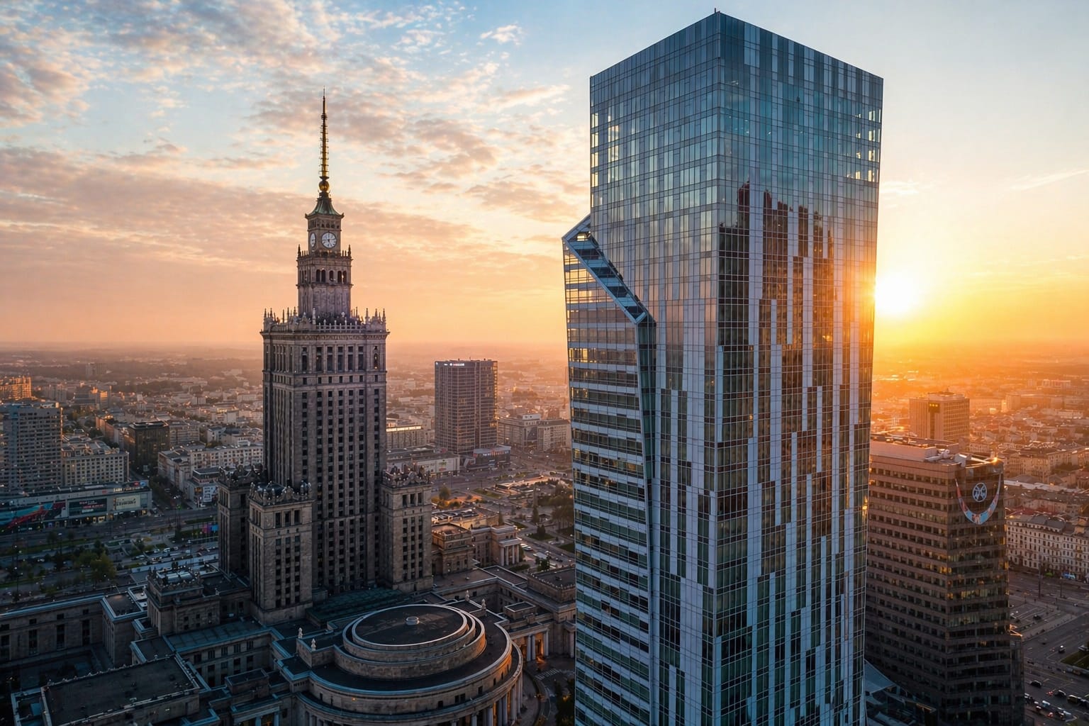 Złota 44 — panorama Warszawy o zachodzie słońca