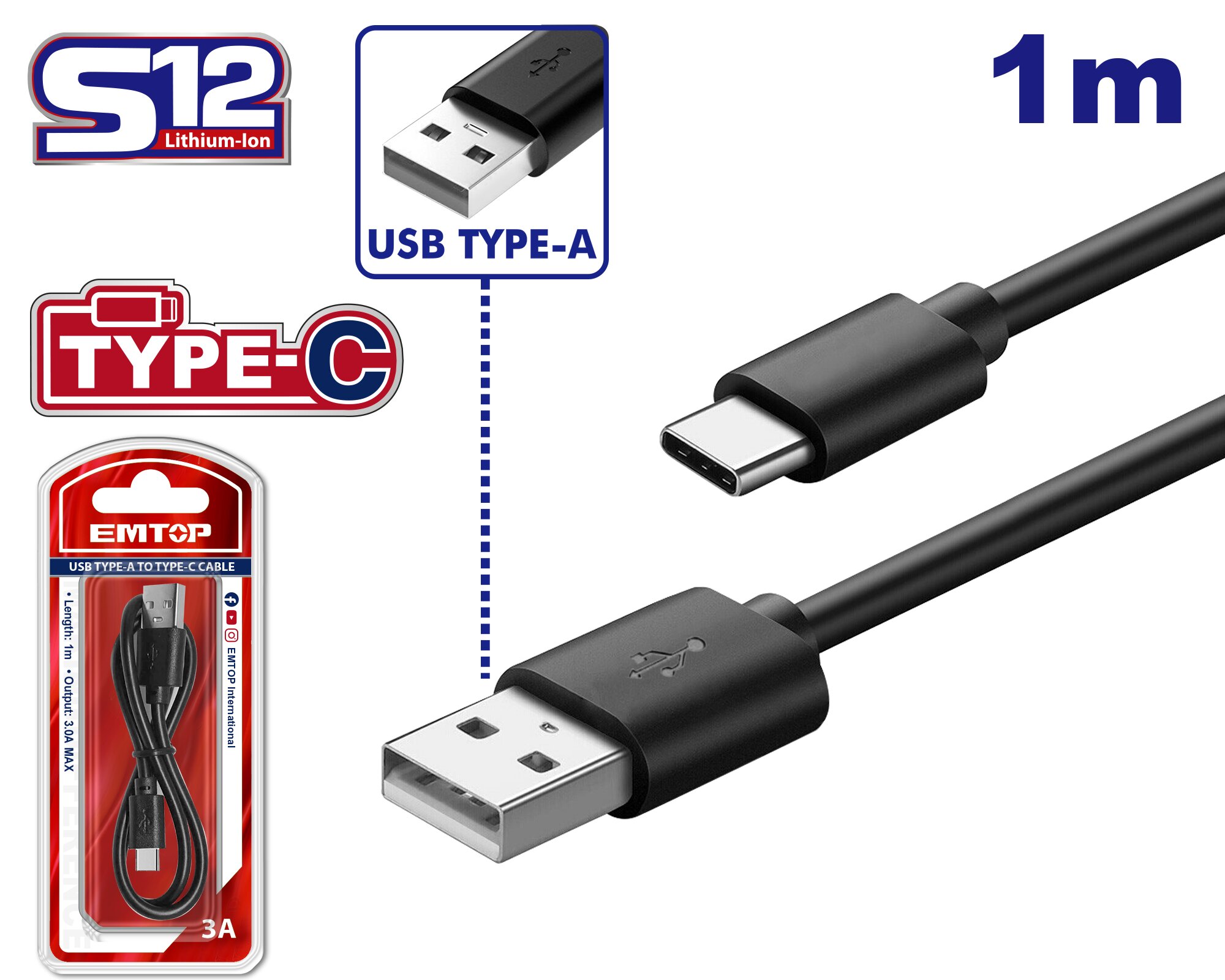 Cablu usb type "c" 2a 1m emtop Thumbnail 1