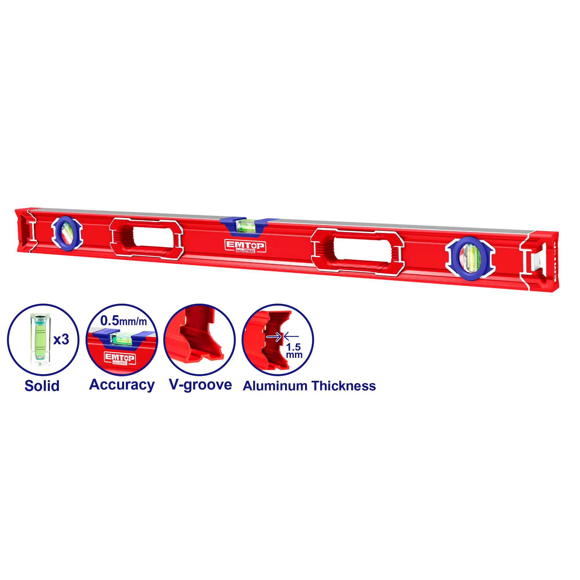 Nivela aluminiu 80cm 3 poztii cu 2 manere emtop