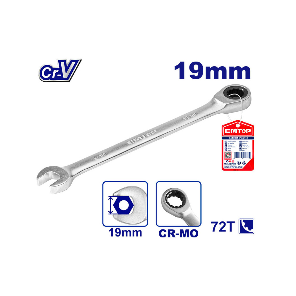Cheie combinata cr-v, 19  mm, 250  mm, emtop Thumbnail 1