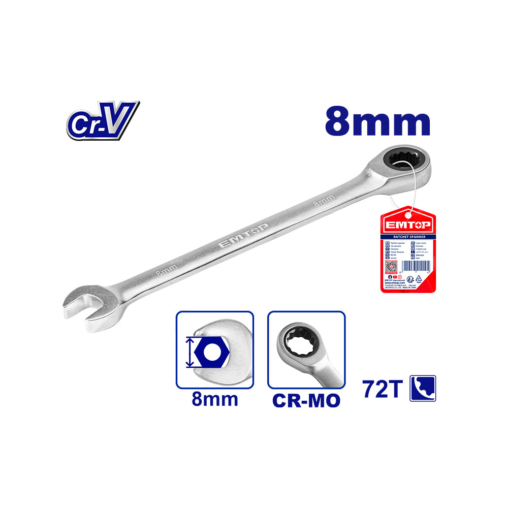 Cheie combinata cr-v, 8 mm, 140 mm, emtop Thumbnail 1