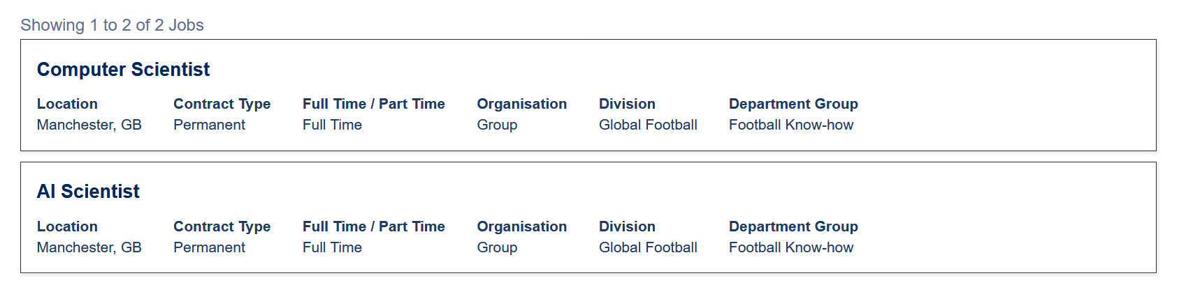 Screenshot of the CFG job listings, with the Department Group given as 