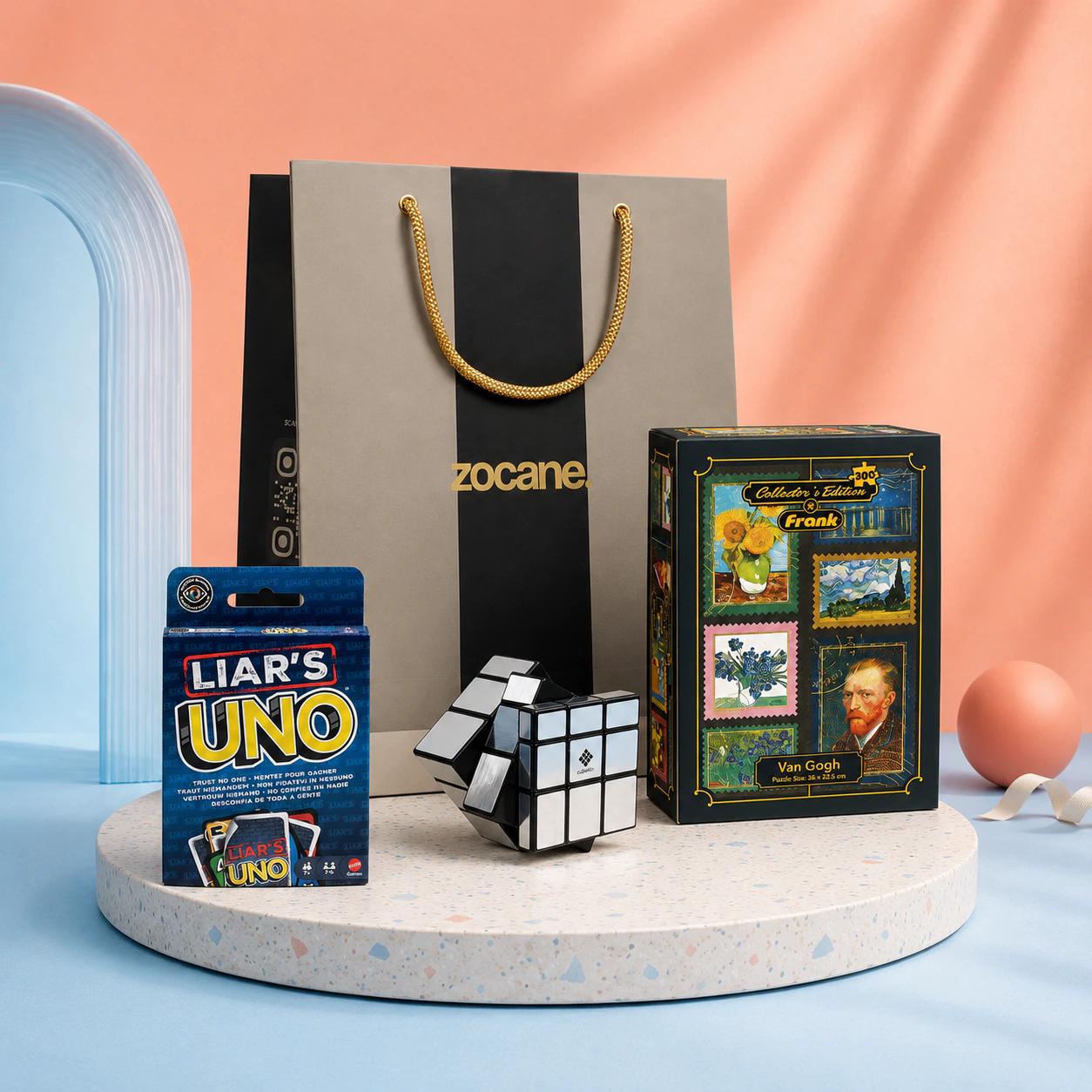 A card game, mirror cube, and art puzzle arranged as a playful weekend gift