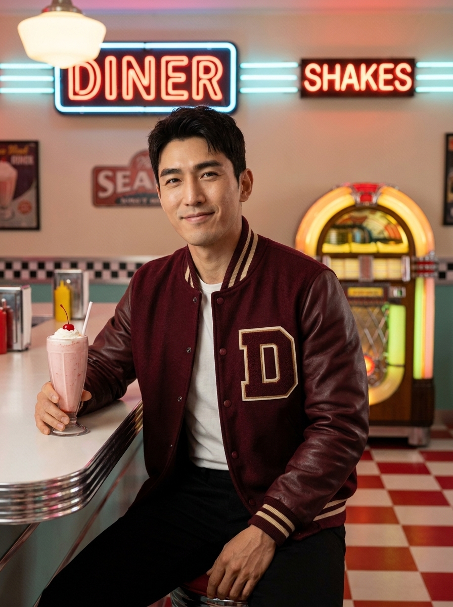 50s Diner Sweetheart AI photo style example generated with Elyra — Chrome counters, milkshakes, jukebox technicolor.